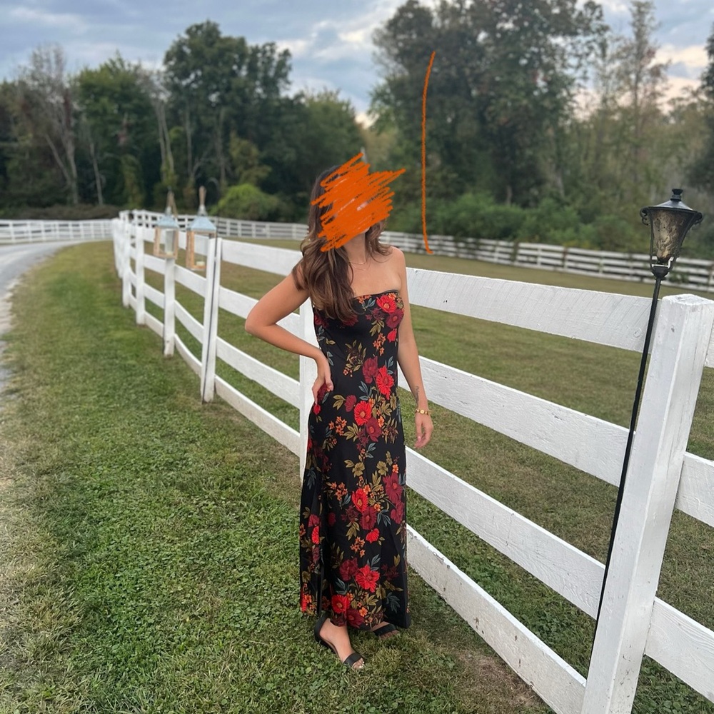 Floral Strapless Dress - Black and Red